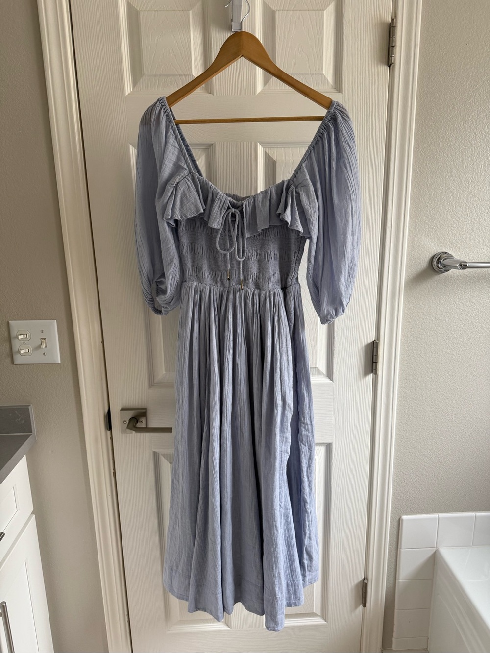 Free People Soft Blue Midi Dress with Ruffle Neckline